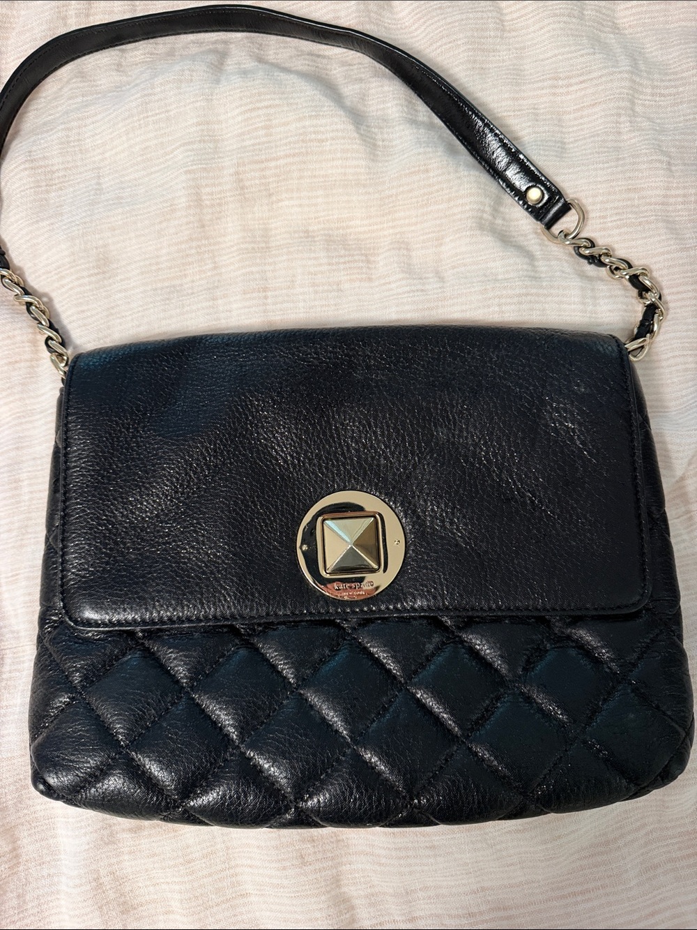 kate spade Black Quilted & Smooth Leather Shoulder Bag with Gold Hardware